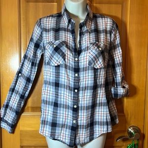 Sandra Ingrish red white and blue plaid shirt, 💯 % cotton; light fabric.